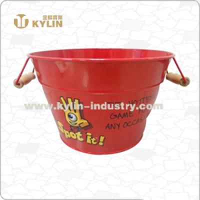 China Wholesale High Quality Viable Red Tinplate Ice Bucket With Wooden Handle for sale