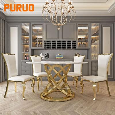 China Waterproof& PURUO Wedding Banquet Durable Modern Luxury Stainless Steel Leg Base Marble Round Dining Table Set 6 Chairs for sale