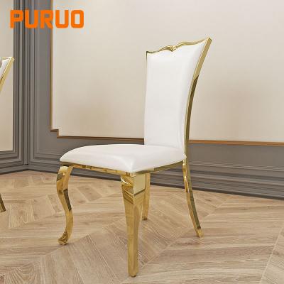 China PURUO Convertible Modern Leather Dining Table and Chairs Banquet Gold Home Furniture Stainless Steel Dining Room Chairs for sale