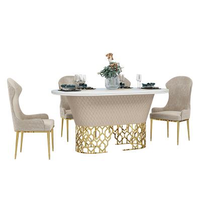 China Modern Dining Room Furniture Stainless Steel Leg Marble Frame PU Top Dining Table for sale