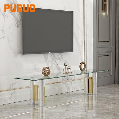 China Factory Price PURUO Modern Luxury Steel Cabinet Mirror MDF Style Living Room Furniture White Tempered Glass TV Stand for sale