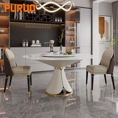 China PURUO Convertible Luxury PU Stainless Steel Base Marble Round Leather Dining Table With Rotating Center for sale