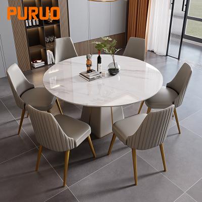 China PURUO Hot Sale Modern Minimalist Decoration PU Stainless Steel Round Marble Leather Small Dining Table for sale