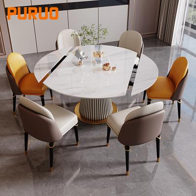 China Hot Sale PURUO Modern Luxury Gold Marble Sintered Stone Dining Table And Chairs Stainless Steel Base Pedestal for sale