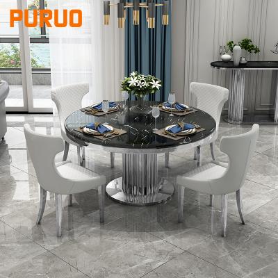 China Hot Sale PURUO Sliver Stainless Steel Restaurant Dining Table And Chairs Luxury Modern Velvet Dining Chair for sale