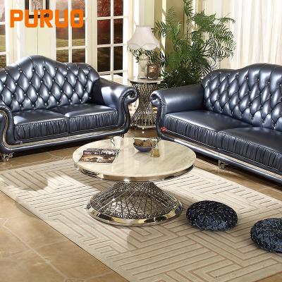 China Factory Price PURUO Living Room Modern Luxury Tempered Glass Round Gold Stainless Steel Marble Coffee Table for sale