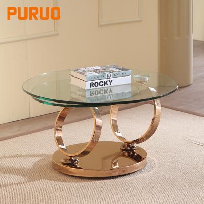 China Hot Sale PURUO Luxury Modern Living Room Furniture Tempered Glass Modern Italian Gold Coffee Table for sale