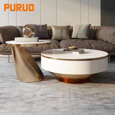 China PURUO Customized Modern Plasma White Marble Stands And TV Cabinet Storage Gold Tempered Glass Gold Coffee Table for sale