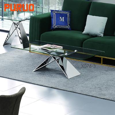 China Hot Sale PURUO Living Room Furniture Low Mirror Stainless Steel Multifunctional Tempered Glass Coffee Table for sale