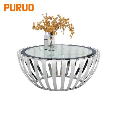 China CBM hot sale PURUO design silver bottom mushroom center TV stand and glass round living room coffee table set for sale