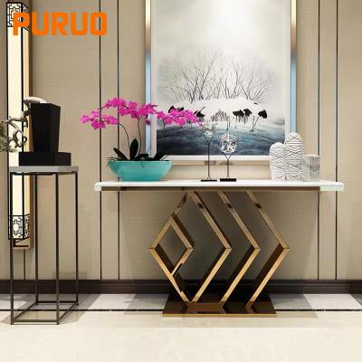 China Hot Sale PURUO Gold Stainless Steel Luxury Italian Marble Furniture Mirrored Tempered Glass Classic Console Table for sale