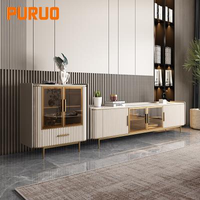 China Hot Sale PURUO Modern Luxury Gold Tempered Glass Stainless Steel Furniture MDF Bed Side Marble Table for sale