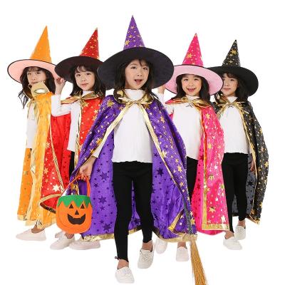 China Cotton Kids Halloween Costume Witch Wizard Cloak Cape With Treble Hat Set Anime Cosplay Party Stars Wizard Outfit Girls Boys for sale