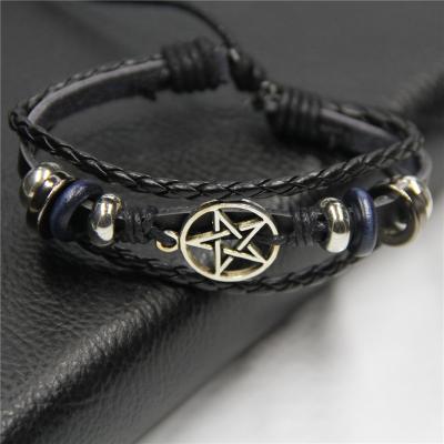 China Alloy Bracelet Vintage Leather Punk Rock Tie Up Five Point Star Bracelet Bangle FREE SAMPLE for sale