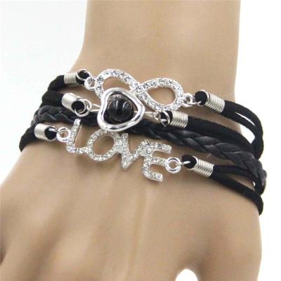 China Crystal Hot Friendship Hand Multilayer Braided Bracelet Rhinestone LOVELETTER Black Infinity Bracelet for sale