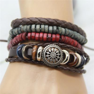 China Leather DIY Knit Suit Leather Bracelet Knot Braided Combination, Wooden Bead Hollow Sun 3pcs/set for sale