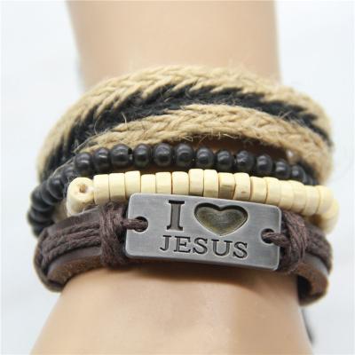 China Leather DIY Knit Suit Leather Bracelet Knot Braided Jumpsuit, Cotton Rope Wooden Bead ILOVEJESUS ​​4pcs/set for sale