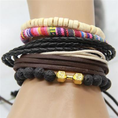 China Leather DIY Knit Suit Leather Bracelet Knot Braided Jumpsuit, Wooden Bead Strand Braided Palm Pelelith Dumbbell 5pcs/set for sale