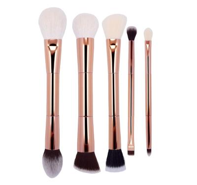 China Fan Brush 5Pcs Double Sided Hair Make Up Brush Full Mounted Gold Handle Aluminum Makeup Brush Set for sale