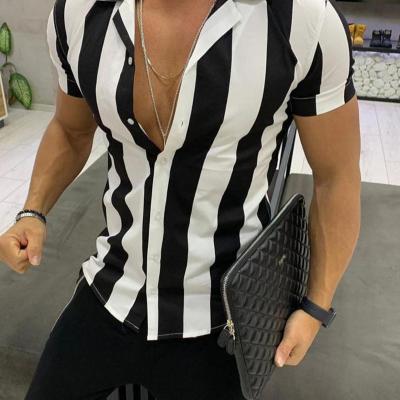 China 2021 Wholesale Hawaiian men's striped beach shirt anti-pilling 2021 men's thin dress shirt plus size short-sleeved shirt for sale