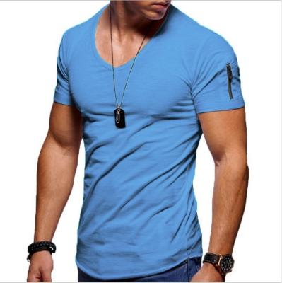 China 2021 Custom Men's QUICK DRY Summer Solid Color Fitness Breathable Casual Short Sleeve Sports T-shirt Slim V-neck T-shirt for sale