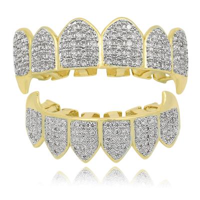 China Real Brass Custom 18K Gold Plated Micro Pave Outlet 8 Top & 8 Grillz Hip Hop Bling Diamond Teeth Grillz Dental CZ Grills Bottom Glazed for sale