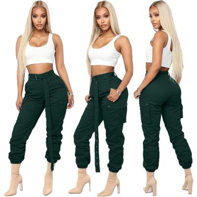 China New Fashion Breathable Female Base Solid Color Ladies Pants Belt Casual Pocket Women Cargo Pants With Belt Trousers Cargo Pants for sale