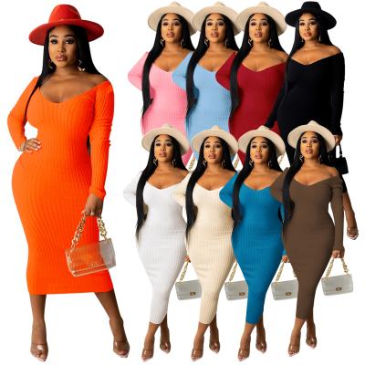 China Deep Vestido Lady Casual Dress U-neck Maxi Plus Size Women Dresses Low Price Autumn Pencil Tight Viable Rib Knit Long Sleeve Bodycon Long Dress Vestido for sale