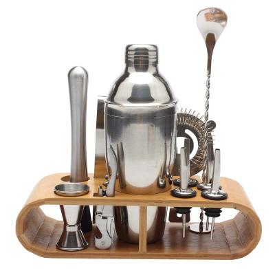 China Modern Stainless Bartender Kit With Wooden Display Stand 12PCS Cocktail Shaker Set 750ml Steel Bar Tool Wine Stand for sale