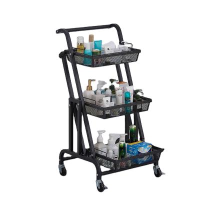 China Sustainable 3 Layer Folding Metal Rolling Cart With Removable Shelf Storage Rack And Wheeled Cart for sale