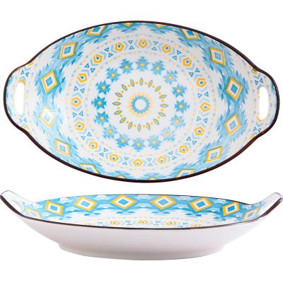 China 11 Inch Viable Bohemian Handle Pan Baked Breakfast Dim Sum Binaural Oval Baking Porcelain Dish Ceramic Dinner Dish Sets for sale