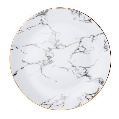 China Sustainable Nordic Unique Gold Edged Porcelain Dish Marble Dinnerware Set Round Western Ceramic Dishes for sale