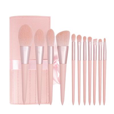 China Angular Blush Private Label High Quality Pink Macaron Colors Wooden Handle Makeup Brush Set for sale