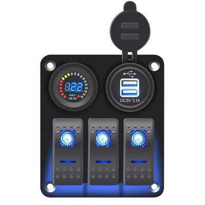 China Purchase Rocker Switch Panel 3 Band 5 Pin ON/OFF On Rocker Switch Panel With Power Charger Plug Blue Led Digital Voltmeter for sale