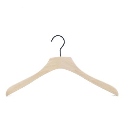 China Item Available Fancy Flat Head Personalied Promotion XunZe Natural Wooden Shirt Dresses Hanger With Black Hook for sale