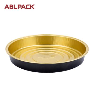 China Food Grade Eco-friendly Round Black Gold Aluminum Foil Box With Lid 19.3oz 580ml Microwave Aluminum Foil Container For Pizza for sale