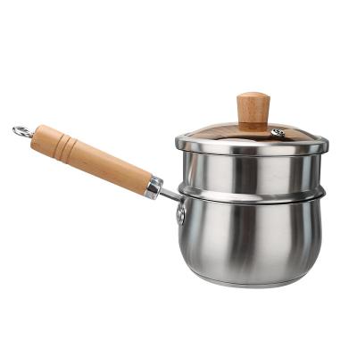 China Small Sustainable 304 SS Ribbon Sauce Pot Stainless Steel Steamer Pot Cooker With Glass Lid And Wooden Handle for sale