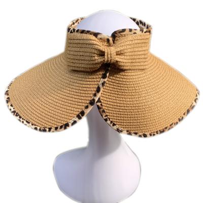 China 2021 New Fashion Custom Leopard Sun Protection Beach Straw Hat For Women Adult Foldable Brim Roll Up Bow Hat for sale