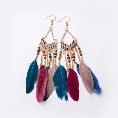 China BOHEMIA New Fashion Feather Tassel Jewelry Vintage Gold Foil Color Beads Big Large Dangle Earrings for sale