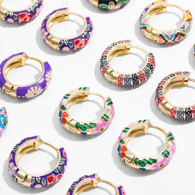 China 2021 BOHEMIA Vintage Fashion Small Flower Trendy Statement Round Enamel Hoop Earrings Jewelry for sale