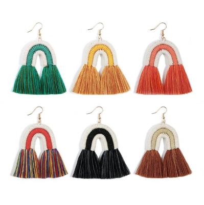 China 2021 BOHEMIA Rainbow Macrame Earrings For Women Trendy Leaf Design Tassel Fringed Drop Bohemian Weave Cotton Yarn Jewelry for sale