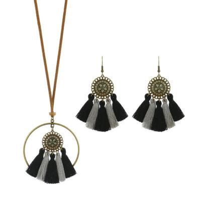 China 2021 Boho Bohemian Long Tassel Necklace Vintage Bronze Round Dangling Big Earrings Set For Women Geometry Statement Jewelry for sale