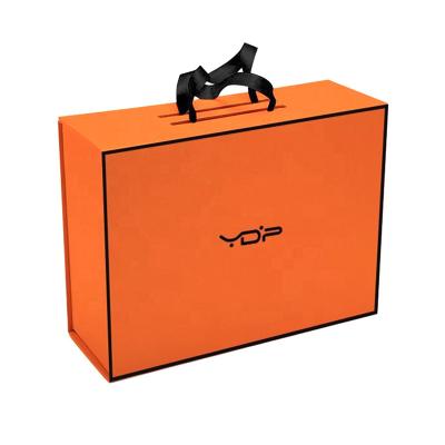 China Ready To Ship Orange Large Magnetic Rigid Box For Gift Packaging With Ribbon Handle for sale