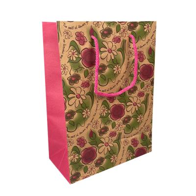 China Gift Perfume Kraft Paper Packaing Bag Floral With Pink Red Rope Handle for sale