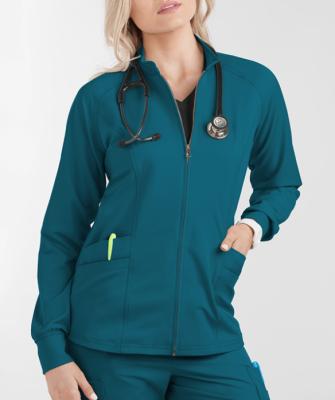 China Breathable and Comfortable High Quality Women's Reusable 100% Cotton Slit Scrubs Top Zipper Front Raglan Long Sleeved Spandex Coat 4-Pocket Stretch Scrub Jacket for sale