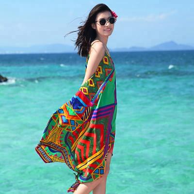 China Fashion Thailand Beach Dress One Line Vacation Breathable Printing Girls Beach Wear for sale