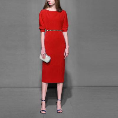 China Anti-wrinkle OEM Dress Fashion Elegant Simple Red Puff Sleeve Slimming Fitted Dress for sale