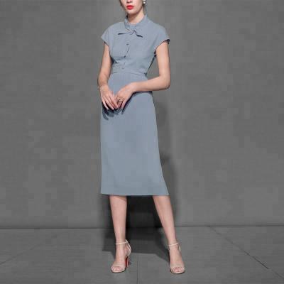 China Anti-wrinkle Bowknot Collar Ladies Office Mulberry Elegant Dress For Casual Dress for sale