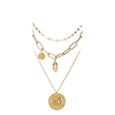 China TRENDY Drop Shipping 3 Layer Gold Color Natural Pearl Coin Charm Pendant Necklace Hot Selling INS Necklace Jewelry Gifts for sale