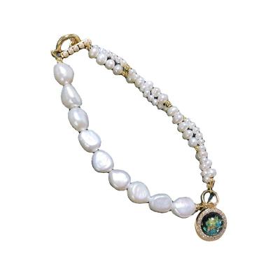 China CLASSIC 14K Gold Plated Opal Stone Charm Baroque Fresh Water Pearl Beaded Bracelet Women for sale